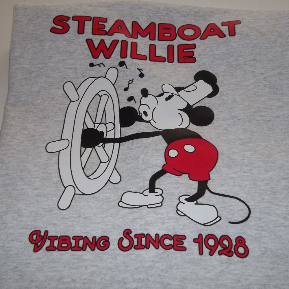 Mickey Mouse as "Steamboat Willie - Vibing since 1928" Ash Grey Crew Sweatshirt